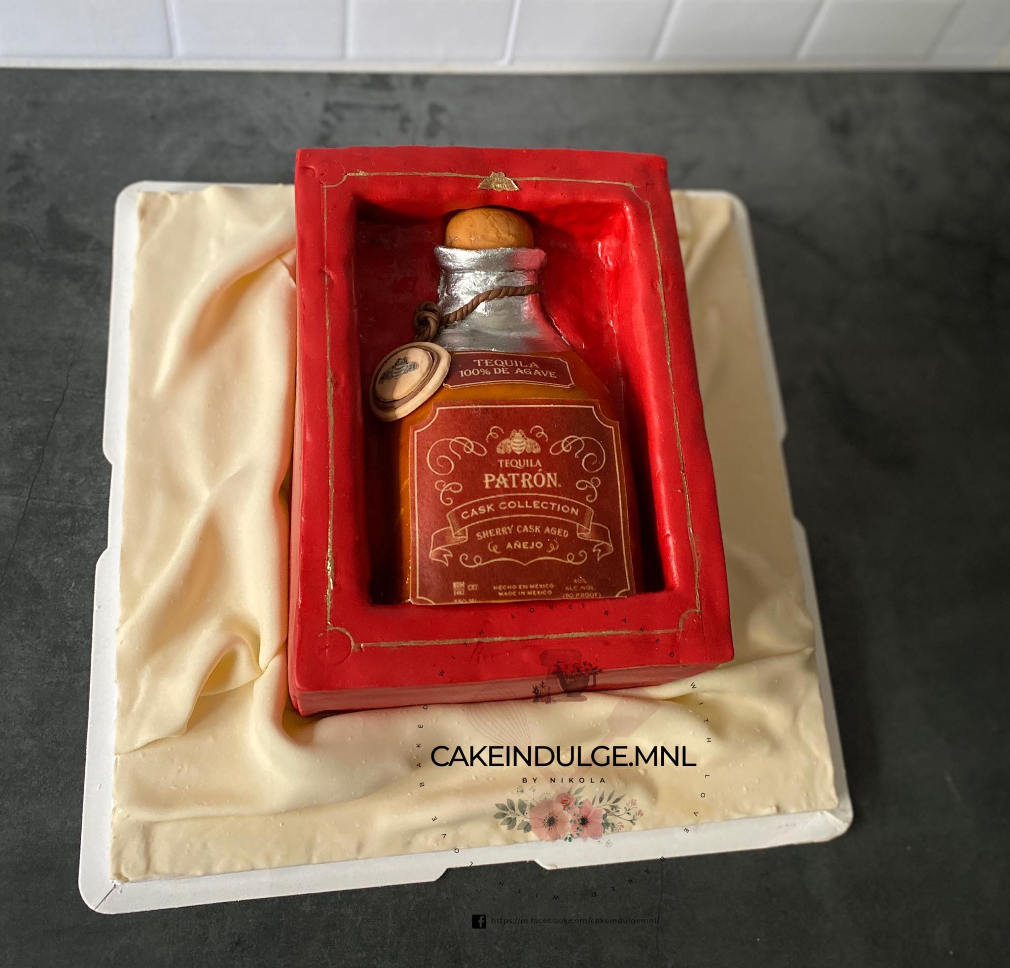 Tequila Rose alcohol bottle cake. The first pic in the collage is the  actual bottle the second is my cake. Is for a 21st birthday for my neice.  She asked me to