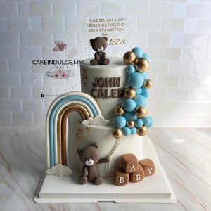 Two-tier Baby Bear Cake with Balloons and Rainbow