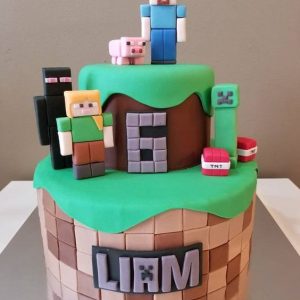 Two-tier Minecraft Landscape Cake Featuring Steve and Alex