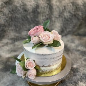 Naked Wedding Cake with Pink Flowers